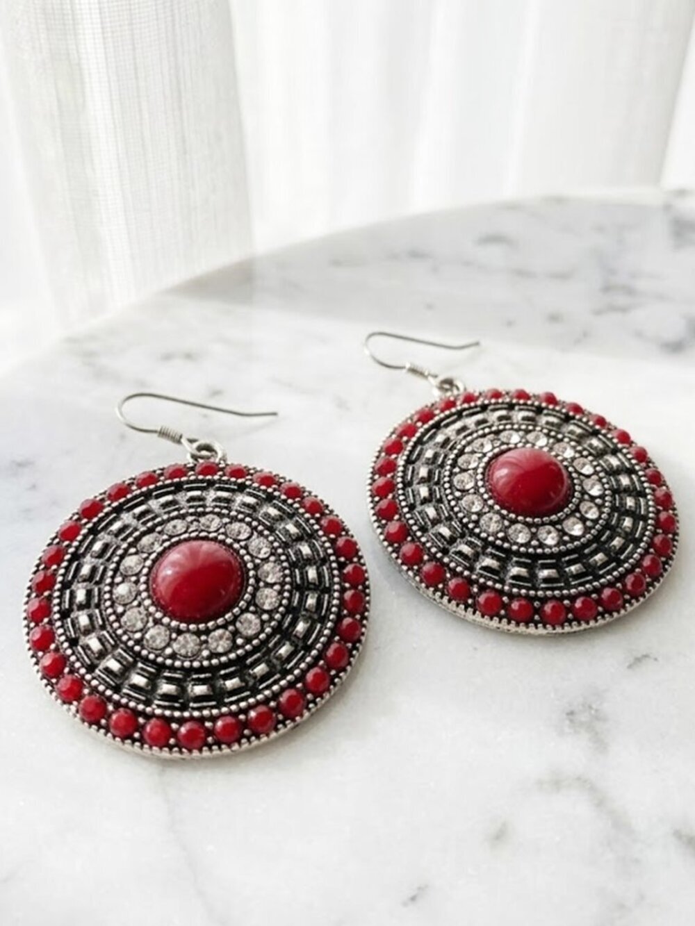 Red Aztec Round Earrings - Picture 2 of 3